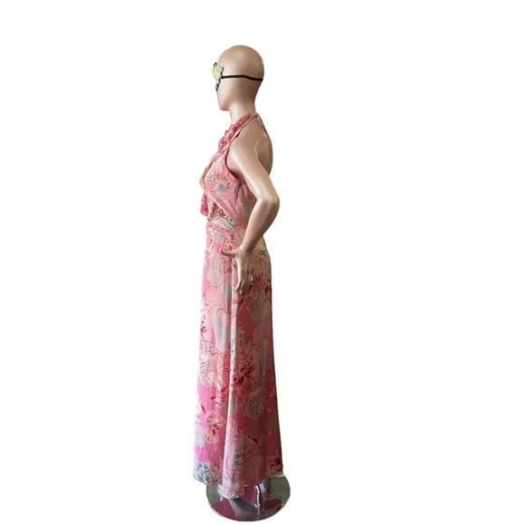 Kay Unger 100% Silk vintage midi maxi dress pink lined halter ruffles XS S - Picture 5 of 16